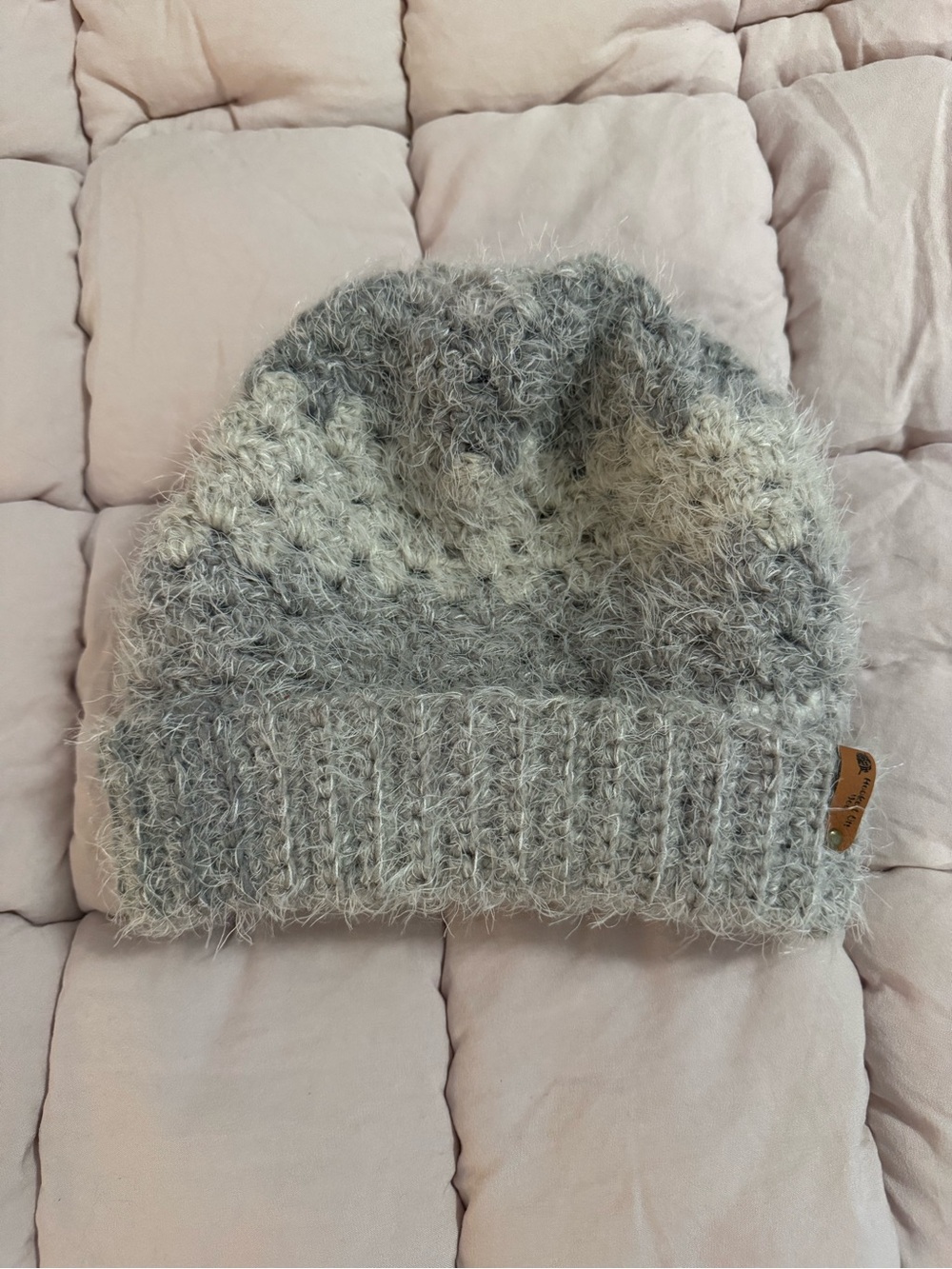 Fuzzy Knit Beanie Hat in Gray & Cream